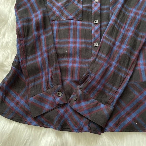 CAbi Flannel Peplum Top Plaid Check Button Down Shirt Ruffle Hem Medium - Picture 7 of 11